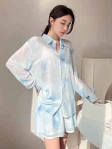 DAZY Tie-Dye Buttoned Collar Shirt With Pockets And Shorts