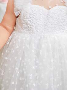 SHEIN 嬰幼女優雅材質彩點網紗洋裝，配褶邊和碎花拼接，公主風格 - 白色 - 查看 4