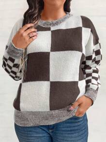 SHEIN LUNE Plus Size Color Block Checkerboard Sweater Knit Pullover Fall Winter - Multicolor - View 4