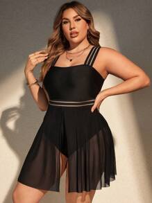 SHEIN Swim Curve Plus Size Summer Beach One Piece Swimsuit With Camisole Strap, 2-Piece Set - Black - View 5