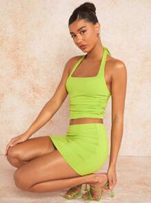 SHEIN BAE 海滩女士服装 短款女士套装 夏季两件套服装 夏季衣服 夏季套装 夏季套装 绿色套装 - 綠色 - 查看 5