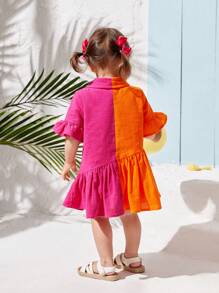 SHEIN Zomervakantie voor babymeisjes met colorblock-jurk met ruches aan de zoom en uitlopende mouwen