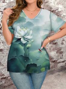 EMERY ROSE Plus Size Women Lotus Pattern V-Neck Short Sleeve T-Shirt