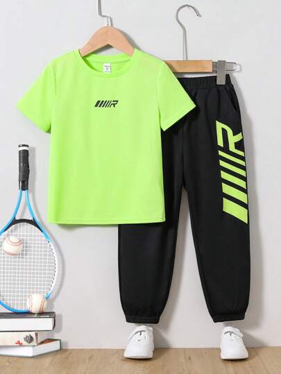 SHEIN Young Boy Matching Casual & Simple Letter Print Round Neck Breathable Pullover And Shorts Sports Suit