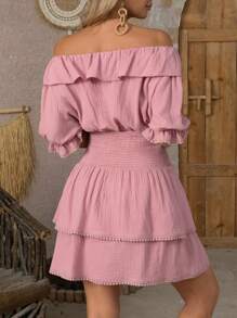 Breezaya Women Shirred Dress With Ruffle And Lace Trim - Dusty Pink - View 2