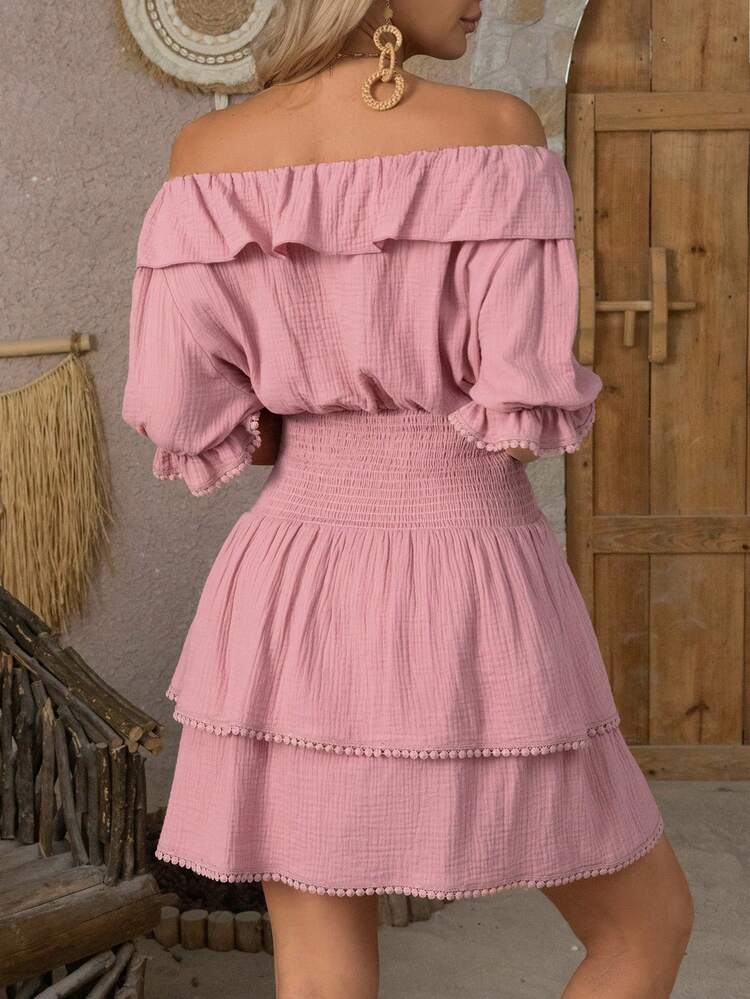 Women Shirred Dress With Ruffle And Lace Trim