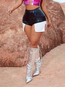 SHEIN SXY Concert Music Festival Outfits Colorblock Pu Leather Shorts - Black - View 1