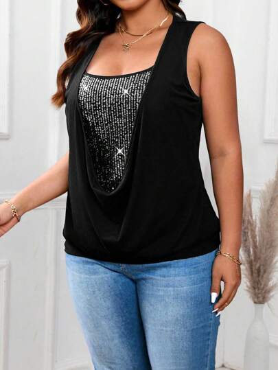 EMERY ROSE Maglia lavorata a maglia con scollo quadrato, taglie forti, minimalista, canotta e top casual con paillettes in maglia morbida 2 in 1, vita stretta, smanicato