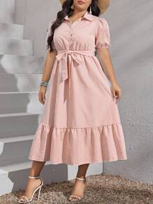 SHEIN VCAY 條紋印花荷葉邊腰帶襯衫裙,適用於夏季 - 橘色 - 查看 1