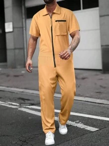 Manfinity Homme Nam Màu thuần Mặt trước Zip Ngắn tay Áo liền quần - Màu Khaki - Xem 1