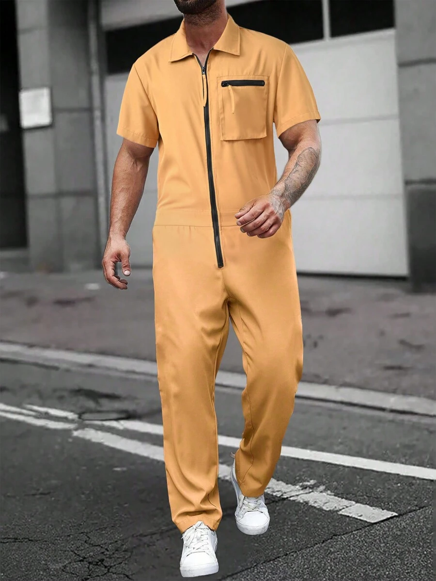 Manfinity Homme Nam Màu thuần Mặt trước Zip Ngắn tay Áo liền quần - Màu Khaki - Xem 1