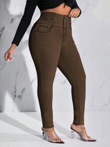 SHEIN SXY 大尺寸純色釦扣緊身牛仔褲 - 棕色 - 查看 3