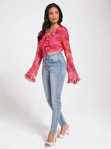 Forever 21 Của phụ nữ In hoa Vá lại Áo sơ mi Với Xù Hoa Sen Và Chuông - Nhiều màu - Xem 4