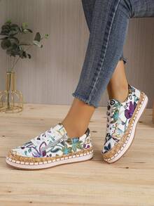 Của phụ nữ Đúng mốt Chóp giầy tròn Kích thước Lớn In hoa Lace-up Khối màu Thoải mái Giày đế bằng - Màu tím - Xem 6