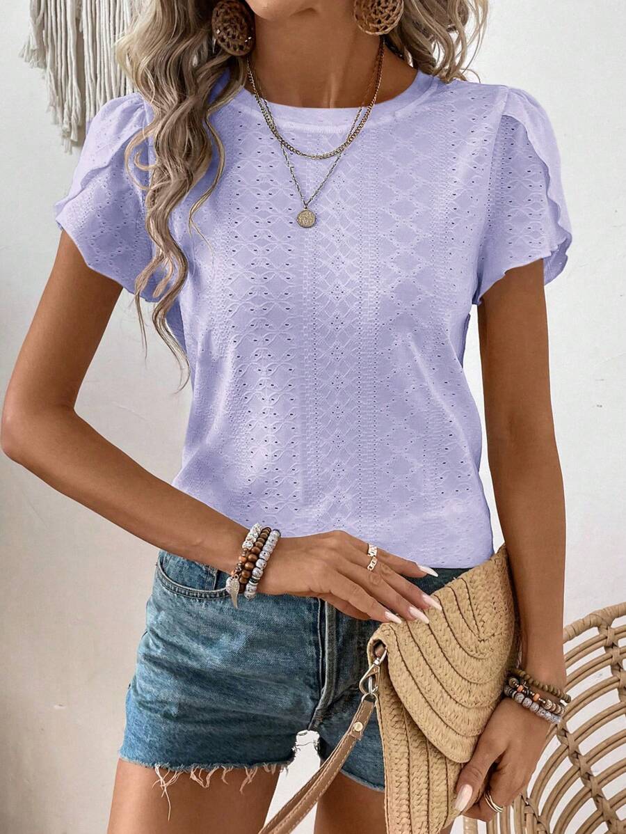 SHEIN LUNE Casual Hollow Out Embroidery Round Neck Short Sleeve T-Shirt - Mauve Purple - View 1