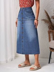 SHEIN LUNE Women's Denim Skirt With Single-Breasted Button And Pockets - Blue - View 5