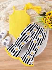Baby Girl Summer Button Detail Spaghetti Strap Bodysuit And Small Daisy Printed Striped Bellbottoms Set - Yellow - View 2