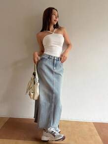 DAZY 女式牛仔高腰侧开衩裙，秋装 - 黑色 - 查看 2