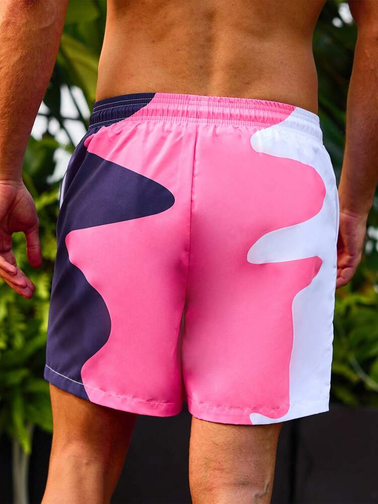 Men's Color Block Drawstring Waist Beach Shorts Summer Drawstring Swim Trunks