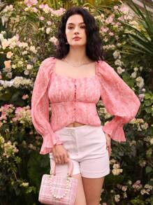 Aveloria Willekeurig Geprint Klokmouwen Cropped Blouses
