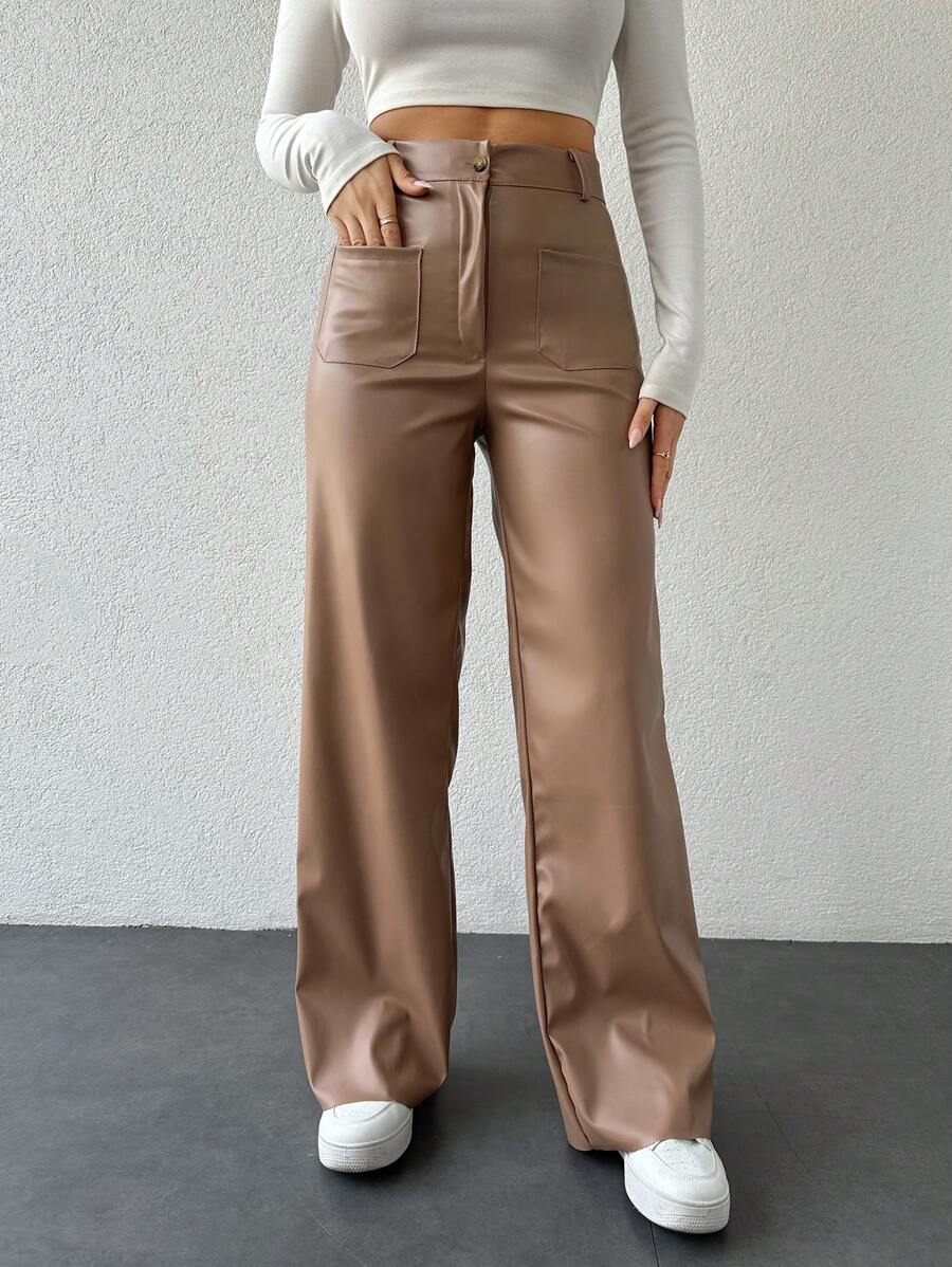 SHEIN Cottnline Women's Solid Color Straight-Leg Pants - Beige - View 1