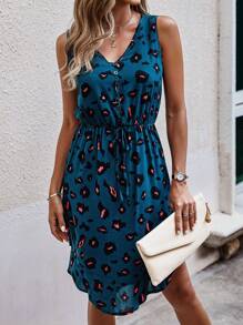 SHEIN LUNE Leopard Print Sleeveless Kimono Waist Dress - Royal Blue - View 6