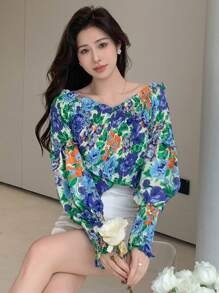 DAZY Women's Floral Printed Cross Off Shoulder Blouse,Fall Women Clothes Long Sleeve Top Vacation Outfits Women Easter Boho - Multicolor - View 4