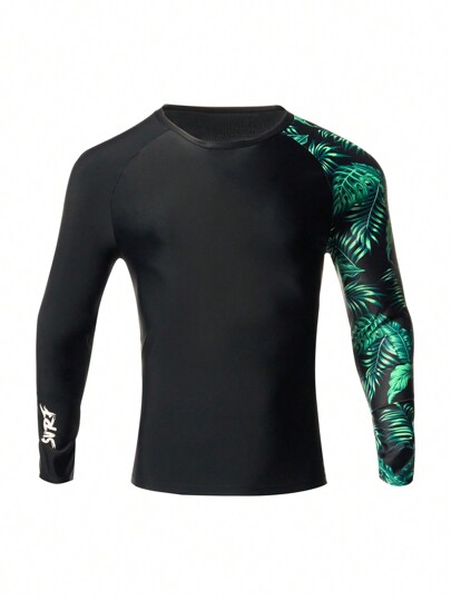 Surfspeed Men's Leaf Printed Rash Guard With Raglan Sleeves, Ideal For Swimming And Surfing Athletic Workout Shirt,Hawaiian