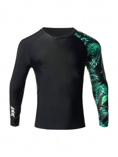 Manfinity KASUA Men's Leaf Printed Rash Guard With Raglan Sleeves, Ideal For Swimming And Surfing Athletic Workout Shirt,Hawaiian