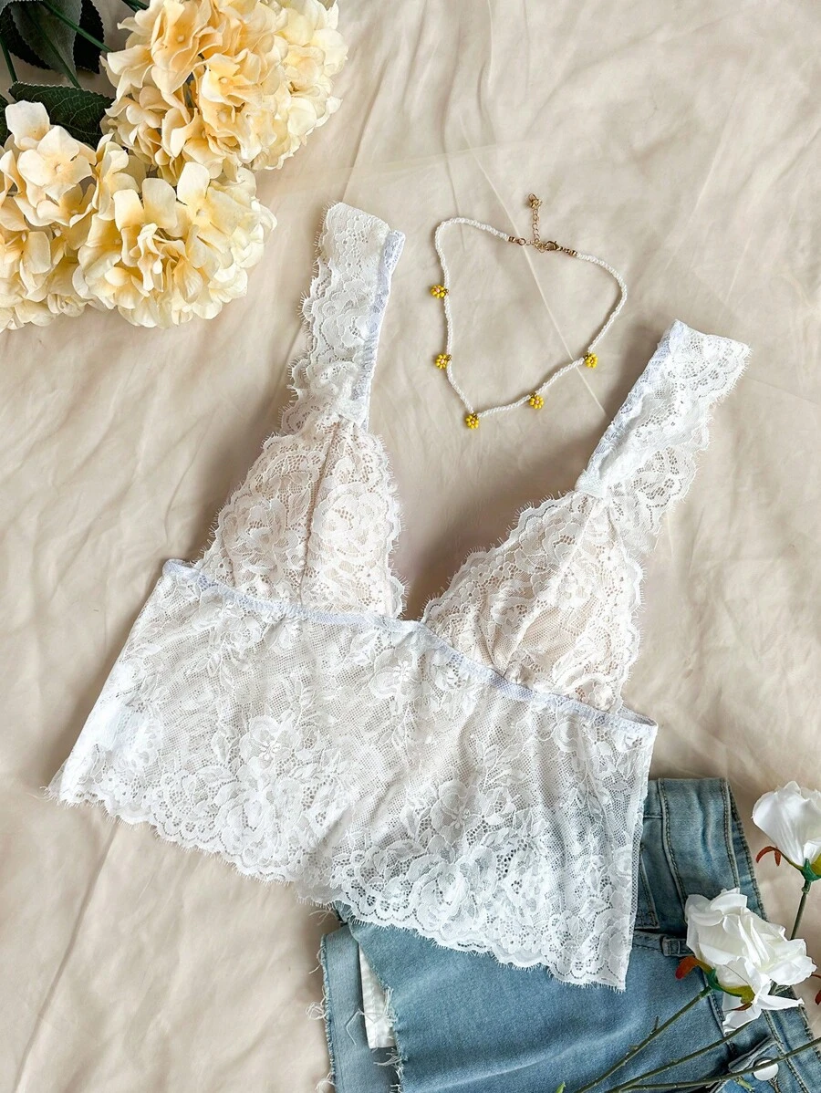 Soleia 女式甜心領蕾絲透視背心，適用於夏季 - 白色 - 查看 1