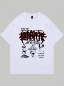 ROMWE MEN Grunge Punk 男士休閒標語印刷短袖t恤,適用於春夏 - 白色 - 查看 1