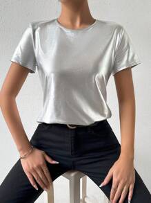 SHEIN Privé Camiseta Plateada Con Cuello Redondo Para Mujer - Plateado - Ver 6