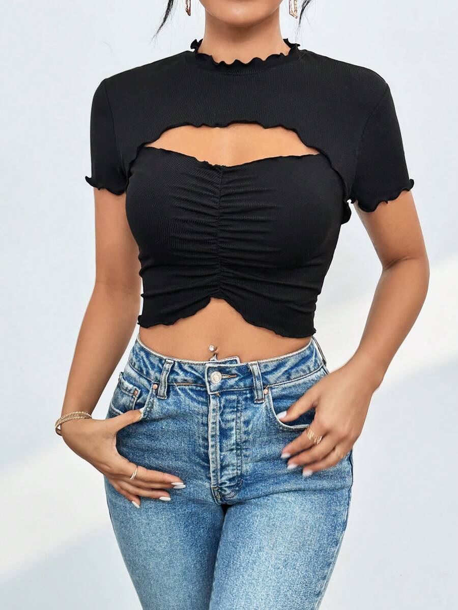 SHEIN Privé Áo thun viền xù & viền sóng lãng mạn, đi chơi hàng đầu - màu đen - Xem 1