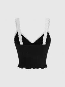 ROMWE Goth Contrast Lace Lettuce Trim Cami Top - Black - View 2
