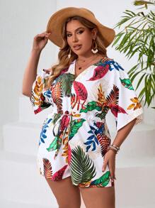 SHEIN VCAY Plus Size Women's Tropical Plant Printed Ruffle Short Sleeve Jumpsuit - Multicolor - View 4