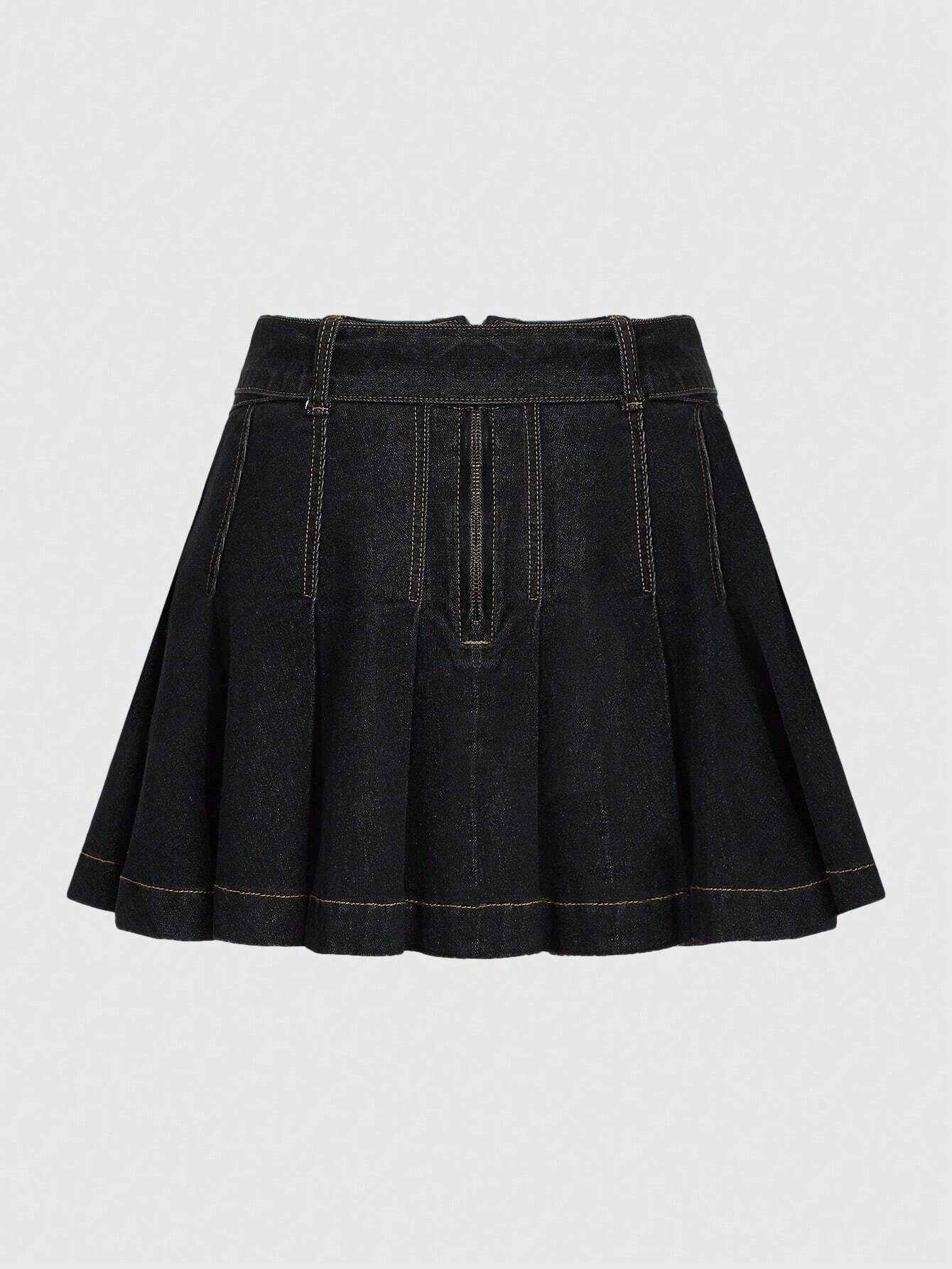 Our Grunge Punk Flap Pocket Pleated Hem Denim Skirt, School is