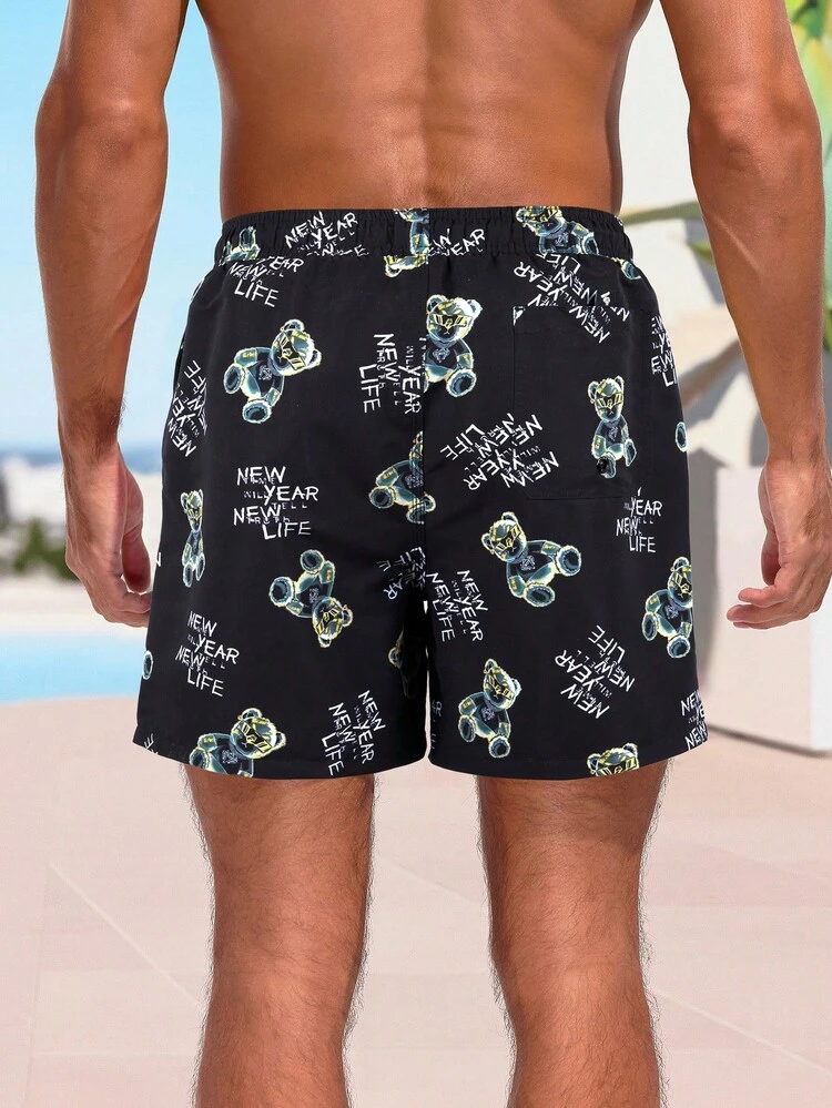 Men's Cartoon Bear Pattern Drawstring Beach Shorts