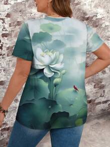EMERY ROSE Plus Size Women Lotus Pattern V-Neck Short Sleeve T-Shirt