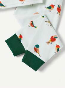 Cozy Pixies Conjunto de pijama para bebé niño con parte superior de cuello redondo de manga corta y estampado de pájaro de dibujos animados, y pantalones - Verde - Ver 6