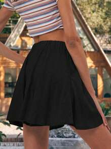 Breezaya Màu thuần Dây rút Xù Hoa Sen Quần short - màu đen - Xem 2