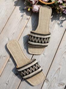 WRCVS Women Embroidered Slip-On Sandals, Woven Flat Slippers, Retro Patterned Bohemian Style Casual Outdoor Shoes - Black - View 4