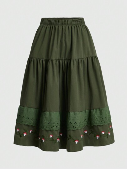 Fairycore Falda con bordado de seta con encaje en contraste bajo con fruncido