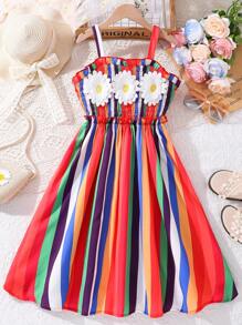 SHEIN Tween Girls' Striped Dress With Floral Applique In Spring/Summer - Multicolor - View 1