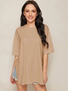 SHEIN Essnce Ladies' Solid Color Side Split Drop Shoulder Tee - Camel - View 3
