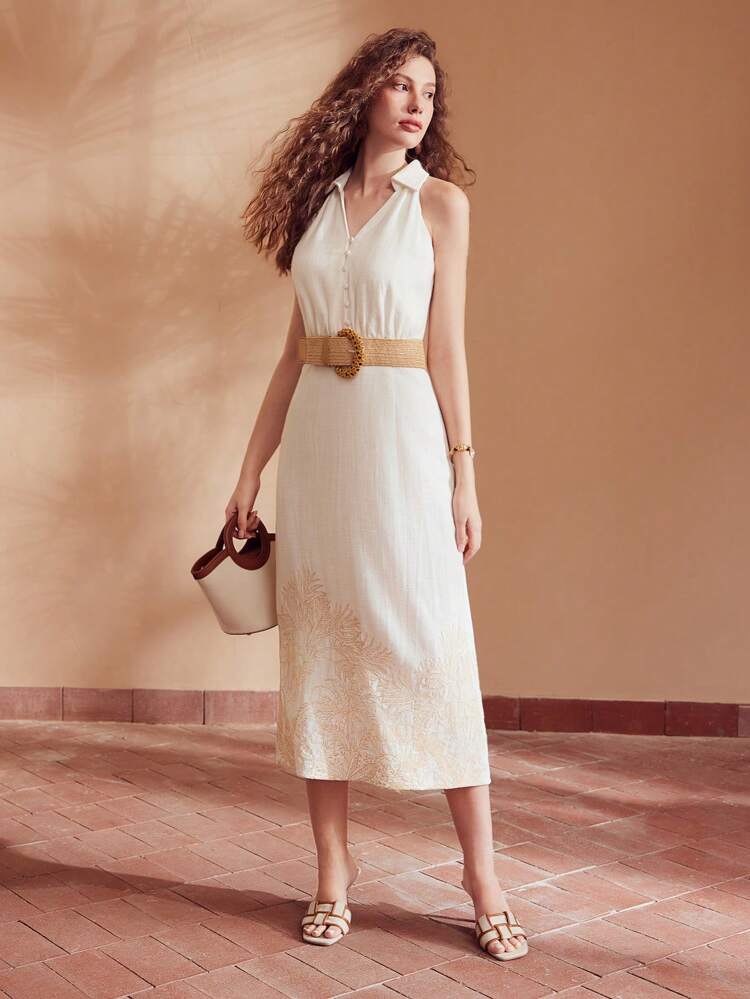 LINEN V-COLLAR EMBROIDERY DETAIL DRESS