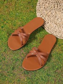 Của phụ nữ Chóp giầy tròn Nâu Sành điệu Kích thước lớn Xu hướng: Cắt giảm Bện Dây đai Ngoài trời Dép phẳng - màu nâu - Xem 5