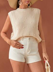 EURMUSE Pearls Detail Knot Side Sweater Vest - Beige - View 4