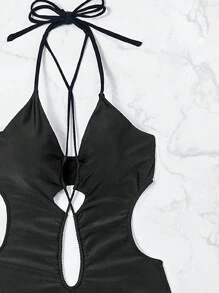 SHEIN Swim 纯色镂空交叉带吊带连体泳衣夏季 - 黑色 - 查看 3