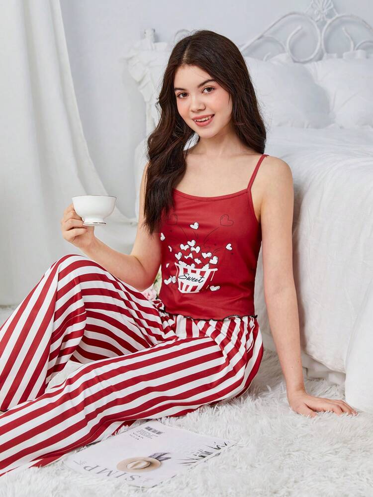 Teen Girl Heart Shaped Popcorn Print Cami And Striped Knit Pants Cozy Pajama Set