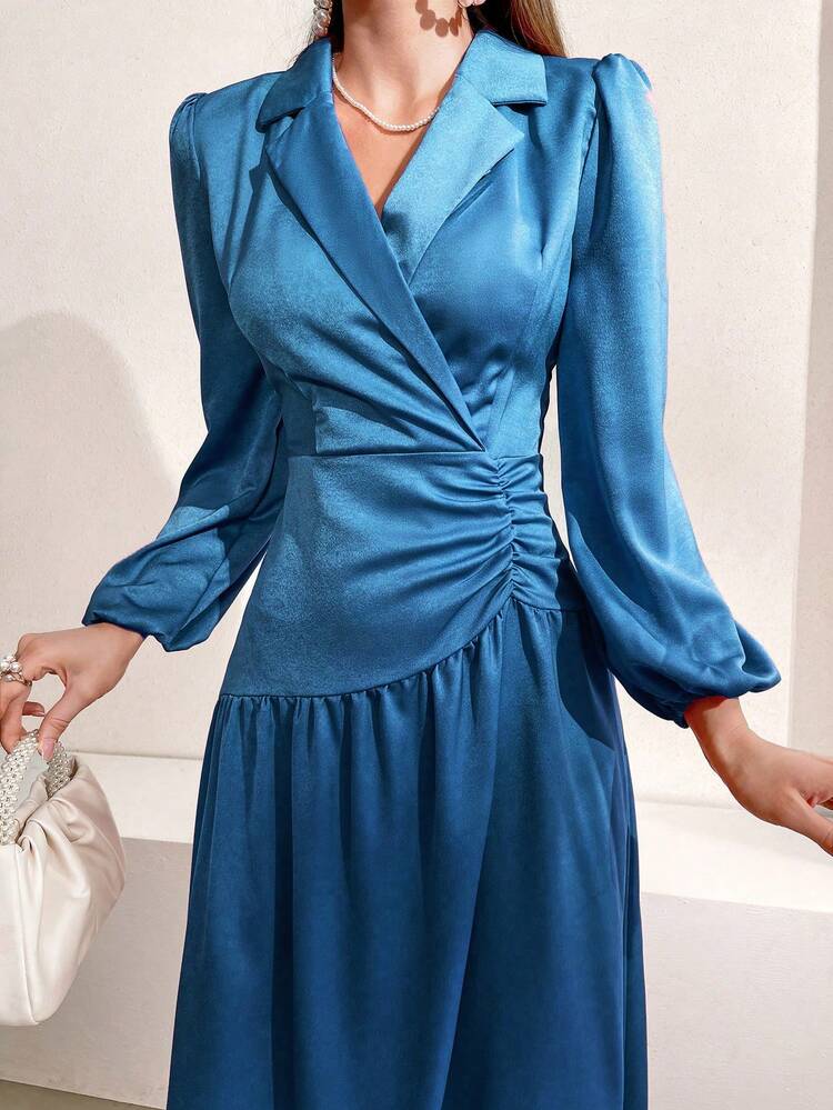 Women's Solid Color Turn-Down Collar Lantern Sleeve Pleated Dress Long Evening Dresses Fall Cloth For Women